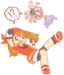  ! !? 1girl :d ? arm_up bandanna bangs bike_shorts blue_eyes bright_pupils brown_hair clenched_hands eyebrows_visible_through_hair gloves hair_between_eyes haruka_(pokemon) kanchou lileep long_hair looking_at_another open_mouth pokemon pokemon_(creature) pokemon_(game) pokemon_rse popped_collar pouch red_shirt red_shoes shirt shoes short_sleeves simple_background smile solo speech_bubble spoken_exclamation_mark spoken_question_mark sweat white_background 