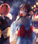  2girls alternate_hairstyle artist_name bow candy_apple cotton_candy festival flower food from_behind hair_flower hair_ornament highres japanese_clothes jpeg_artifacts kantai_collection kimono kitakami_(kantai_collection) looking_at_viewer looking_back multiple_girls ooi_(kantai_collection) ponytail signature sketch summer_festival toosaka_asagi violet_eyes yukata 