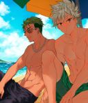  2boys adonis_belt beach beach_umbrella blue_sky brown_eyes clouds dark_skin dark_skinned_male earrings green_hair jewelry king_of_prism_by_prettyrhythm looking_to_the_side male_focus male_swimwear multiple_boys muscle nipples nishina_kazuki outdoors parted_lips pretty_rhythm sand shade shirtless sky spiky_hair swim_trunks swimsuit swimwear umbrella undercut white_hair yamato_alexander 