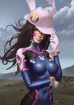  1girl animal_ears animal_hat animal_print bodysuit bracer breasts brown_hair bunny_print clouds cloudy_sky covered_navel d.va_(overwatch) day eyelashes facepaint facial_mark fake_animal_ears gloves hand_on_headwear hand_up hat hat_over_one_eye headphones high_collar highres kongjian_bo lips long_hair looking_at_viewer medium_breasts nose outdoors overwatch pauldrons pilot_suit pink_hat pink_lips rabbit_ears ribbed_bodysuit shiny shiny_clothes shoulder_pads skin_tight sky smile solo turtleneck upper_body whisker_markings white_gloves 