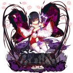  1girl absurdly_long_hair bangs bare_shoulders black_hair bracelet breasts butterfly butterfly_hair_ornament butterfly_wings cleavage closed_mouth collarbone disembodied_limb dual_wielding eyebrows_visible_through_hair floral_print fog full_body ghost glowing glowing_butterfly hair_ornament hair_over_one_eye hakama hand_up head_tilt holding japanese_clothes jewelry kimono kneeling long_hair looking_at_viewer magic miko off_shoulder ofuda original pleated_skirt ratio_(ratio-d) red_eyes red_hakama ribbon-trimmed_sleeves ribbon_trim rock sandals shaded_face side_slit simple_background skirt smile solo string summoning thigh-highs very_long_hair white_background white_legwear wide_sleeves wings zettai_ryouiki 