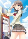  1girl blue_eyes blush breasts brown_hair bus_stop hino_minato_(spec.c) looking_at_viewer love_live! love_live!_sunshine!! one_eye_closed open_mouth salute school_uniform serafuku short_hair smile solo watanabe_you 