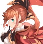  1girl absurdres black_gloves blush breasts brown_hair cape clarisse_(granblue_fantasy) gloves granblue_fantasy green_eyes heart highres long_hair looking_at_viewer ponytail ranf ribbon solo 