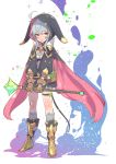  1girl ahoge book boots cape full_body fur-trimmed_cape grey_hair grey_legwear holding_wand kneehighs long_sleeves original puffy_long_sleeves puffy_sleeves red_eyes shadow solo sparkle standing tajima_ryuushi thigh_strap thighs white_background wizard 