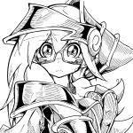  1girl bare_shoulders bitadoro blush blush_stickers breasts choker cleavage dark_magician_girl duel_monster glasses hat highres large_breasts long_hair monochrome pentacle solo wizard_hat yu-gi-oh! yuu-gi-ou_duel_monsters 