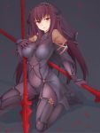  1girl blush bodysuit breasts covered_navel fate/grand_order fate_(series) gae_bolg large_breasts long_hair looking_at_viewer mobu navel pauldrons polearm purple_bodysuit purple_hair red_eyes scathach_(fate/grand_order) smile solo spear veil very_long_hair weapon 