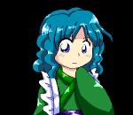  1girl annin_moyako blue_eyes blue_hair blush drill_hair japanese_clothes kimono long_sleeves lowres matching_hair/eyes oota_jun&#039;ya_(style) sleeves_past_wrists smile solo touhou touhou_(pc-98) wakasagihime wide_sleeves 