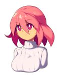  1girl breasts bright_pupils eyebrows_visible_through_hair hair_between_eyes metata original pink_eyes pink_hair ribbed_sweater short_hair simple_background solo sweater turtleneck upper_body white_background 