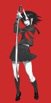  1girl absurdres black_hair fangs highres horns katana kneehighs kumonji_aruto loafers medium_hair oni open_mouth original pointy_ears red_background red_eyes school_uniform shoes simple_background skirt solo sword weapon wind 