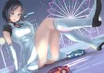 1girl arm_support bangs black_hair blush boots breasts building car dress ferris_wheel fireworks giantess green_eyes ground_vehicle knee_boots lamppost medium_breasts motor_vehicle nagase_reiko night parted_bangs parted_lips racing ridge_racer short_dress short_hair short_sleeves sitting smile utopia white_boots white_dress 