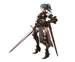  1girl armor armored_boots belt blue_hair boots brown_eyes gloves granblue_fantasy herja long_hair minaba_hideo official_art ponytail solo sword transparent_background weapon 