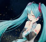  1girl agonasubi aqua_hair closed_eyes detached_sleeves hatsune_miku headset long_hair nail_polish solo twintails very_long_hair vocaloid 