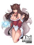  1girl absurdres ahri animal_ears artist_name bare_shoulders breasts brown_hair character_name cleavage detached_sleeves energy_ball fox_ears fox_tail highres large_breasts league_of_legends lee_seok_ho long_hair multiple_tails solo tail watermark web_address yellow_eyes 