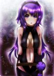  1girl :o absurdres arms_behind_back assassin_(fate/prototype_fragments) bare_shoulders breasts cleavage dark_skin fate/grand_order fate/prototype fate/prototype:_fragments_of_blue_and_silver fate_(series) groin highres hips medium_breasts navel open_mouth purple_hair raised_eyebrows short_hair solo violet_eyes 