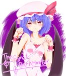  1girl absurdres alternate_costume artist_name bat_wings blue_hair blush breasts clenched_hands covered_navel dress hat hat_ribbon highres looking_at_viewer mob_cap nightgown outline pink_dress purple red_eyes remilia_scarlet ribbon signature sleeveless sleeveless_dress small_breasts smile solo strap_slip the_first_studio touhou upper_body white_background wings wrist_cuffs 