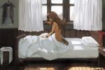  1girl artist_name bed bed_sheet brown_eyes brown_hair curtains from_side half-closed_eyes indoors lansane long_hair morning naked_sheet nude on_bed original pillow red_ribbon ribbon school_uniform sitting solo sunlight tail under_covers window wooden_floor 