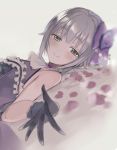  1girl :&gt; black_gloves dress eyebrows_visible_through_hair flower gloves hair_ribbon idolmaster idolmaster_cinderella_girls koshimizu_sachiko lace lying petals purple_hair ribbon rose short_hair sohu solo 