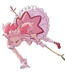  bow_(weapon) clenched_teeth frilled_sleeves frills gloves hair_ribbon kaname_madoka mahou_shoujo_madoka_magica omacchi petticoat pink_hair red_shoes ribbon shoes short_hair simple_background teeth twintails weapon white_gloves white_legwear 