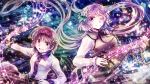  2girls biwa_lute brown_eyes brown_hair chains collared_shirt eyebrows_visible_through_hair flower hair_flower hair_ornament hairband highres instrument itozaki_(itzk0110) long_hair long_sleeves looking_at_viewer lute_(instrument) multiple_girls music musical_note one_eye_closed open_mouth playing_instrument purple_hair shirt short_hair siblings sisters skirt sleeve_cuffs smile staff_(music) touhou tsukumo_benben tsukumo_yatsuhashi twintails violet_eyes 
