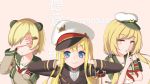  3girls admiral_scheer_(zhan_jian_shao_nyu) aiguillette animal_ears armband black_jacket blonde_hair closed_mouth collarbone crop_top deutschland_(zhan_jian_shao_nyu) eyebrows_visible_through_hair fake_animal_ears finger_to_mouth graf_spee_(zhan_jian_shao_nyu) grey_shirt hair_ornament hairclip hand_on_ear hand_over_face hat highres index_finger_raised jacket long_hair long_sleeves looking_at_viewer low_twintails military military_uniform multiple_girls open_mouth orange_eyes peaked_cap pink_background portrait sailor_collar sasya shirt short_hair smile text torpedo twintails uniform white_hat zhan_jian_shao_nyu 