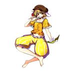  1girl absurdres animal_ears baba_(baba_seimaijo) barefoot blonde_hair dango eating flat_cap floppy_ears food full_body hat highres indian_style looking_at_viewer midriff navel orange_shirt puffy_shorts rabbit_ears red_eyes ringo_(touhou) shirt shorts sitting skewer solo touhou transparent_background wagashi 