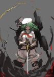  1girl 2016 closed_eyes dated eyepatch green_hair grey_background hat holding holding_weapon kantai_collection kiso_(kantai_collection) lansane neckerchief one_eye_covered rigging sailor_collar sailor_hat sailor_shirt shadow shirt short_hair signature skirt smile solo sword thigh_strap weapon white_shirt white_skirt 