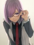  1girl adjusting_hair amino_(tn7135) casual fate/grand_order fate_(series) glasses hair_over_one_eye necktie purple_hair shielder_(fate/grand_order) short_hair simple_background smile solo violet_eyes zipper 