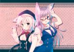 2girls ;d animal_ears artist_name bangs beret blush bow bowtie brown_eyes collared_shirt dated dress followers fox_ears fox_girl german glasses grey_hair hair_between_eyes hair_flaps hand_up hands_up hat holding_arm long_hair long_sleeves looking_at_viewer misaki_yuu_(dstyle) multiple_girls neckerchief one_eye_closed open_mouth original parted_lips polka_dot polka_dot_background red-framed_eyewear red_bow red_bowtie sailor_dress semi-rimless_glasses shirt short_hair silver_hair skirt smile suspender_skirt suspenders swept_bangs thick_eyebrows translated upper_body white_shirt 