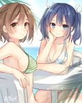  2girls beach bikini blue_eyes blue_hair breasts brown_eyes brown_hair chair cleavage collarbone floral_print hand_on_own_cheek highres hiryuu_(kantai_collection) jpeg_artifacts kantai_collection looking_at_viewer looking_back multiple_girls print_bikini sitting sketch smile souryuu_(kantai_collection) striped striped_bikini swimsuit table toosaka_asagi 