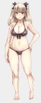  1girl bare_legs barefoot bikini black_bikini blue_eyes bow breasts cleavage front-tie_bikini front-tie_top full_body grey_background hair_bow hand_on_hip large_breasts light_brown_hair long_hair michihasu mole_on_thigh navel original simple_background solo standing string_bikini swimsuit two_side_up 