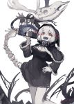  1girl alternate_costume animal_skull antlers bare_legs black_santa_costume bone_tail box breasts christmas cleavage cleavage_cutout dress female fur_trim gift gift_box hand_on_hip kantai_collection lansane long_sleeves looking_at_viewer medium_breasts monochrome open_mouth re-class_battleship red_eyes reindeer_antlers santa_costume scarf shawl shinkaisei-kan short_dress short_hair skull smile solo spot_color tail tongue tongue_out white_background white_hair wide_sleeves 