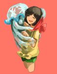  1girl :d beanie black_hair closed_eyes cropped_legs female_protagonist_(pokemon_sm) flower green_shorts hat hat_removed headwear_removed jellyfish nihilego open_mouth pink_background pleo pokemon pokemon_(game) pokemon_sm red_hat shirt short_hair short_sleeves shorts simple_background smile standing sweatdrop tied_shirt tongue ultra_beast yellow_shirt 