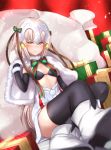  1girl ahoge bell black_bra black_gloves black_legwear blonde_hair blush box bra breasts capelet closed_mouth commentary_request elbow_gloves fate/grand_order fate_(series) gift gift_box gloves hair_ribbon headpiece highres jeanne_alter jeanne_alter_(santa_lily)_(fate) jingle_bell long_hair looking_at_viewer maosame ribbon ruler_(fate/apocrypha) sack sitting small_breasts solo striped striped_ribbon thigh-highs underwear 