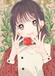  1girl apple bangs berries brown_eyes brown_hair buttons dress earrings floral_print food fruit hands_up head_tilt holding holding_fruit jewelry long_sleeves looking_at_viewer mosuko open_mouth original plant short_hair smile solo upper_body 