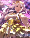  1girl bangs breasts corset dress ears gloves hair_ornament hair_ribbon idolmaster idolmaster_million_live! large_breasts layered_dress long_hair microphone music official_art open_mouth outstretched_hand red_eyes ribbon shijou_takane sidelocks silver_hair singing solo stage_lights 