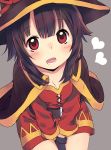  1girl between_legs black_gloves black_hair blush cape commentary_request from_above gloves grey_background hand_between_legs hat heart kirarin369 kono_subarashii_sekai_ni_shukufuku_wo! looking_at_viewer looking_up megumin open_mouth red_eyes round_teeth short_hair sitting solo teeth v_arms witch_hat 