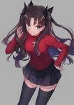  1girl black_hair black_legwear blue_eyes breasts fate/stay_night fate_(series) highres kobutakurassyu long_hair long_legs simple_background smile solo thigh-highs tohsaka_rin turtleneck two_side_up zettai_ryouiki 