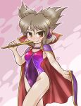  1girl blush brown_eyes brown_hair cape capelet commentary_request competition_swimsuit earmuffs highleg highleg_swimsuit multicolored multicolored_clothes multicolored_swimsuit one-piece_swimsuit ritual_baton shiny shiny_clothes smile solo swimsuit tagme touhou toyosatomimi_no_miko winn 