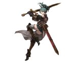  1girl armor armored_boots back belt blue_hair boots brown_eyes gloves granblue_fantasy herja long_hair minaba_hideo official_art open_mouth ponytail solo sword transparent_background weapon 