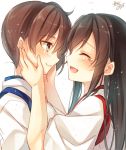  2girls :d ^_^ akagi_(kantai_collection) artist_name brown_hair closed_eyes from_side hands_on_another&#039;s_cheeks hands_on_another&#039;s_face happy_tears japanese_clothes jpeg_artifacts kaga_(kantai_collection) kantai_collection long_hair multiple_girls open_mouth profile side_ponytail signature smile tasuki tears toosaka_asagi 