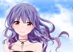  1girl bare_shoulders black_dress blue_hair blue_sky clouds collarbone day dress eyebrows_visible_through_hair eyelashes haruhana lips long_hair looking_at_viewer neck_ribbon original outdoors red_eyes ribbon sky smile solo strapless strapless_dress upper_body wind 