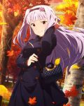  1girl autumn autumn_leaves bag buttons coat hand_in_hair handbag idolmaster idolmaster_million_live! long_hair looking_at_viewer official_art park red_eyes shijou_takane sidelocks silver_hair solo tree 