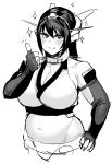  bare_shoulders belly black_hair blush breasts cleavage fingerless_gloves gloves hand_on_hip highres huge_breasts kantai_collection long_hair looking_at_viewer monochrome nagato_(kantai_collection) plump simple_background sketch smile synecdoche thumbs_up white_background 