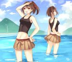  2girls :d artist_name breasts brown_eyes brown_hair cleavage clouds from_side hyuuga_(kantai_collection) ise_(kantai_collection) jpeg_artifacts kantai_collection midriff multiple_girls open_mouth pleated_skirt ponytail shading_eyes short_hair signature sketch skirt sky smile tank_top toosaka_asagi wading water 