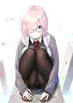  1girl :o ankle_boots black-framed_eyewear blush boots breast_press breasts brown_boots crotch_seam de_ra_u_e_a fate/grand_order fate_(series) full_body grey_jacket hair_over_one_eye highres jacket knees_on_chest knees_together_feet_apart knees_up long_sleeves looking_at_viewer medium_breasts necktie open_clothes open_jacket panties panties_under_pantyhose pantyhose parted_lips pink_hair red_necktie shielder_(fate/grand_order) shiny shiny_hair short_hair signature solo squatting underwear violet_eyes white_panties 
