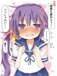  1girl akebono_(kantai_collection) bell blush commentary_request flower hair_bell hair_flower hair_ornament heart heart_background kantai_collection long_hair looking_at_viewer matsushita_yuu neck_ribbon nose_blush purple_hair ribbon sailor_collar school_uniform serafuku side_ponytail solo translation_request upper_body violet_eyes wavy_mouth 
