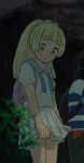  1boy 1girl backpack bag blonde_hair capri_pants doshiko dress green_eyes high_ponytail lillie_(pokemon) looking_down male_protagonist_(pokemon_sm) pants pokemon pokemon_(game) pokemon_sm ponytail rain shirt spoilers striped striped_shirt wet 