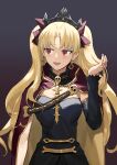  1girl absurdres bangs black_dress black_headwear black_sleeves blonde_hair blush bow cape crown ddukbaegihunt detached_collar detached_sleeves dress earrings ereshkigal_(fate) eyebrows_visible_through_hair fate/grand_order fate_(series) fingernails gold_trim hair_bow hand_in_hair highres hood hood_down hooded_cape jewelry long_hair looking_to_the_side open_mouth parted_bangs red_bow red_cape red_eyes single_sleeve skull sleeveless sleeveless_dress smile solo spine strapless strapless_dress sweatdrop tongue two_side_up very_long_hair 