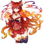  1girl 3: anthuria bangs bare_shoulders blush bow breasts cleavage covered_navel detached_sleeves dress erun_(granblue_fantasy) eyebrows_visible_through_hair fire frilled_dress frills granblue_fantasy hair_between_eyes hands_up knees_up large_breasts long_hair orange_hair osiimi_(artist) red_bow red_dress red_eyes red_skirt redhead simple_background skirt solo teeth thighs torn_clothes very_long_hair wavy_hair wavy_mouth white_background 