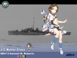  1girl black_shorts blue_boots blue_eyes boots breasts broken brown_hair cannon character_name closed_mouth copyright_name damaged full_body heiyz looking_at_viewer machinery magazine_(weapon) medal military military_vehicle navel official_art photo_background sailor_collar samuel_b_roberts_(zhan_jian_shao_nyu) sash ship shirt short_hair short_sleeves shorts small_breasts smokestack solo text torn_clothes torpedo turret uss_samuel_b_roberts_(de-413) warship watercraft white_shirt zhan_jian_shao_nyu 